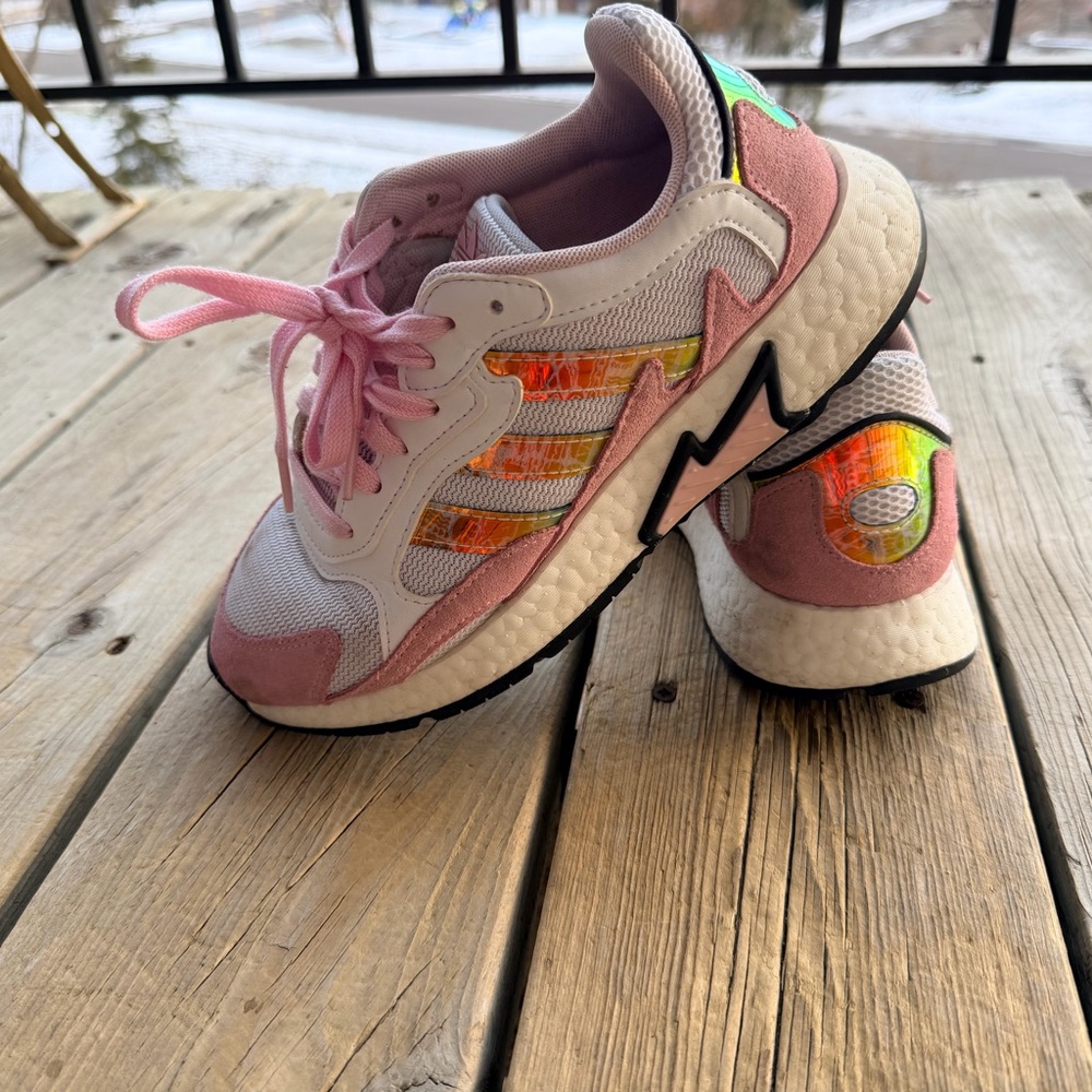Adidas Kids' Pink and White Sneakers with Colorful Accents